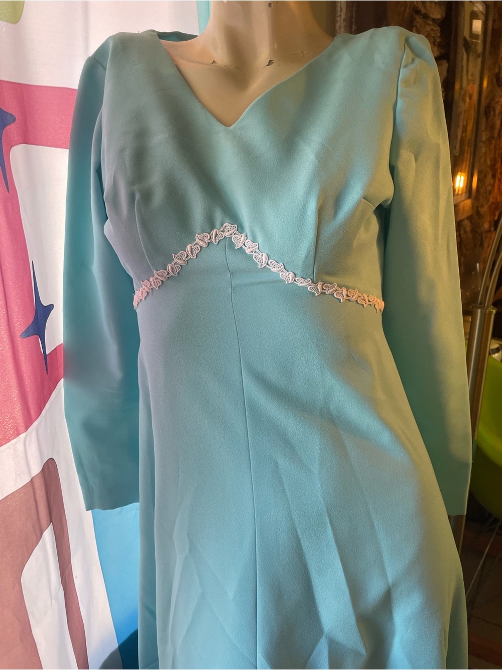 VINTAGE 1970s baby blue V-Neck Long Sleeve Maxi Dress with Delicate Trim